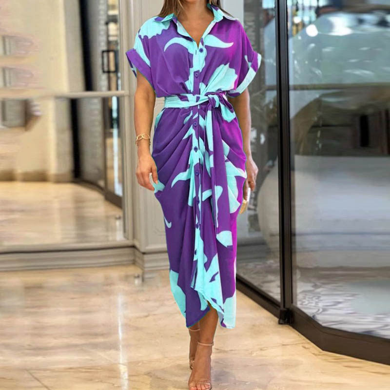 Élégance Imprimée – Robe Chemisier Taille Haute