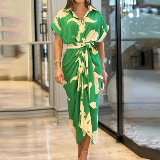 Élégance Imprimée – Robe Chemisier Taille Haute